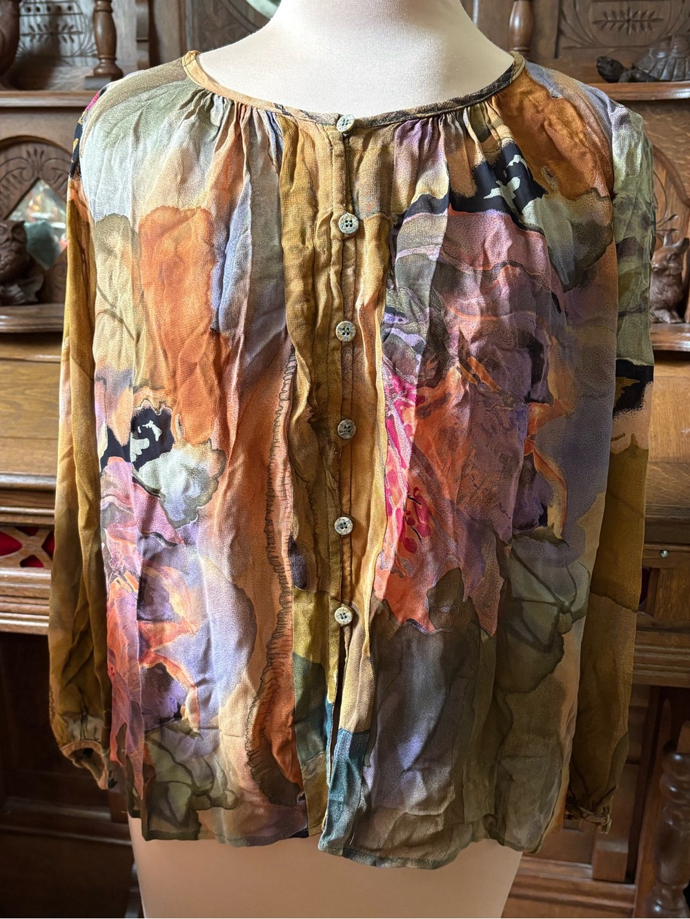 Retro Rayon Boho Watercolor Floral Button-Front Blouse in Multi-Color